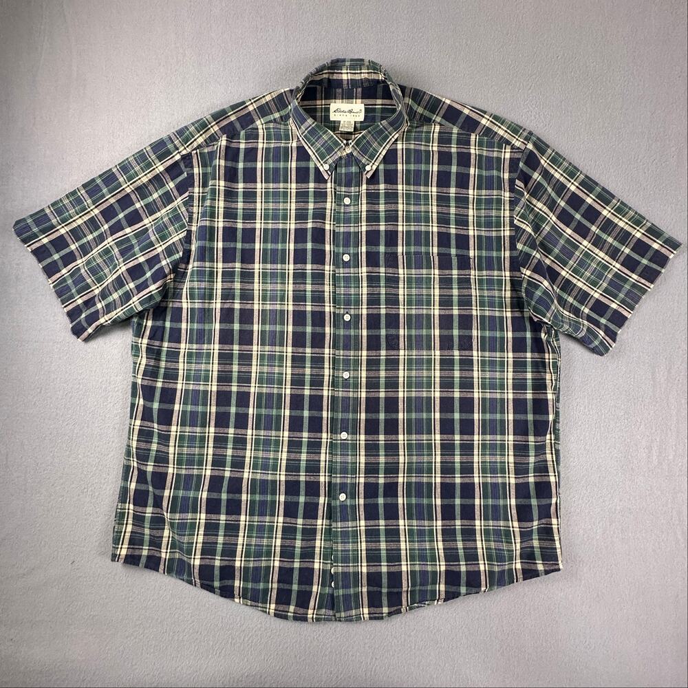 Eddie Bauer Men XXL Plaid Button Down Shirt Short Sleeve 100% Cotton Green Blue
